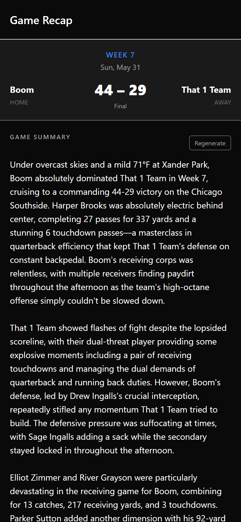 AI-generated game recap summarizing a 44 to 29 final result