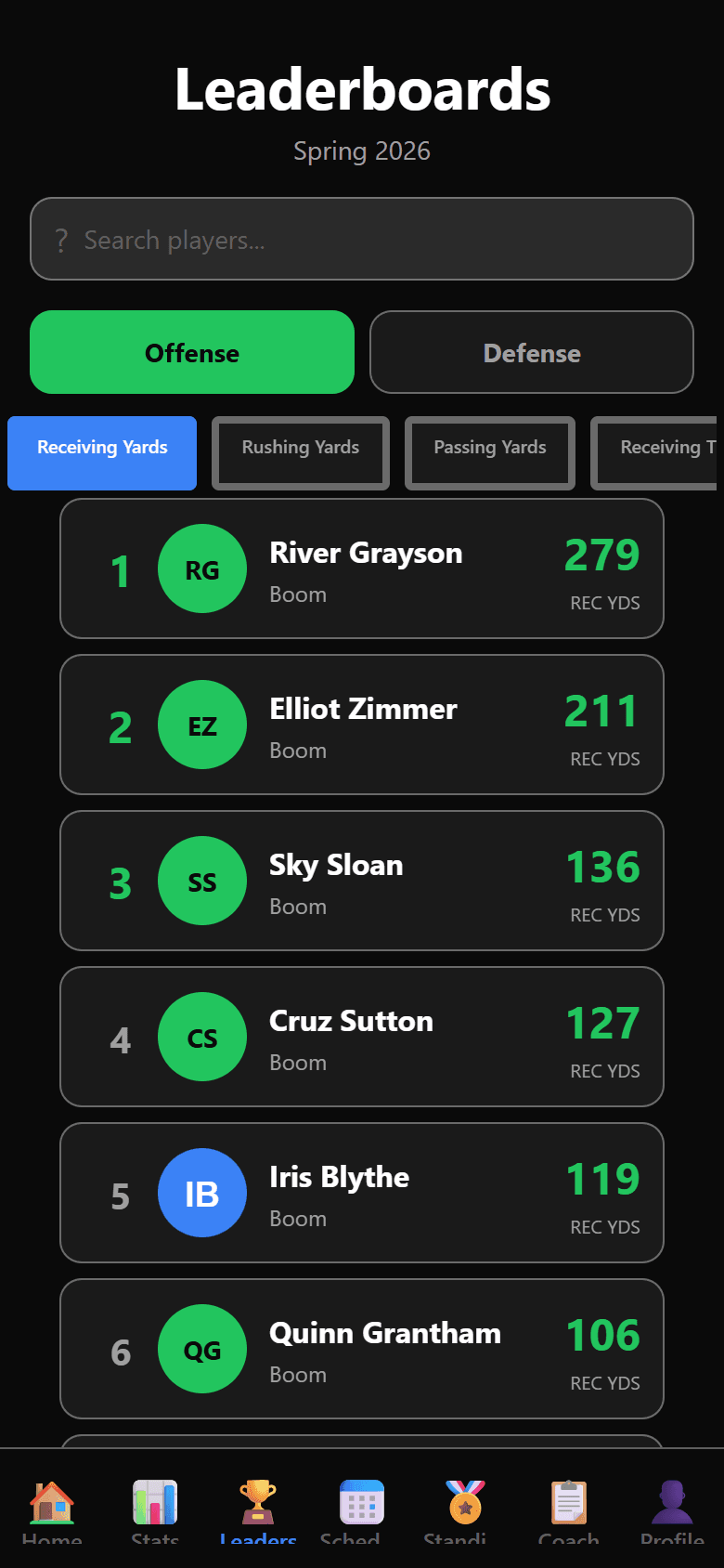 Leaderboards ranking players by receiving yards