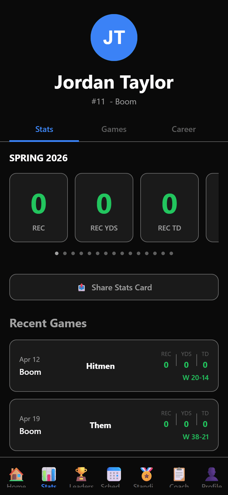 Player stats screen with per-season stat cards, shareable stats card, and recent games