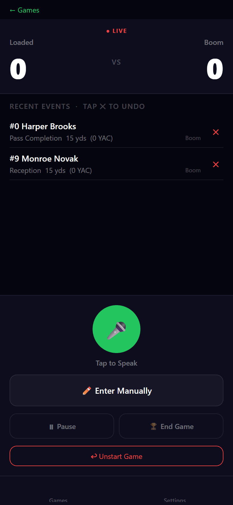 Scorekeeper live game screen with score, recent event feed, and a tap-to-speak mic button